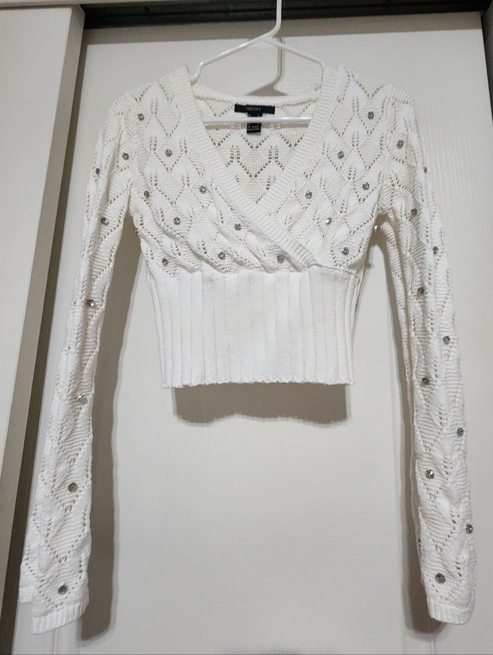 Cropped White Knit Sweater with Sequin Accents